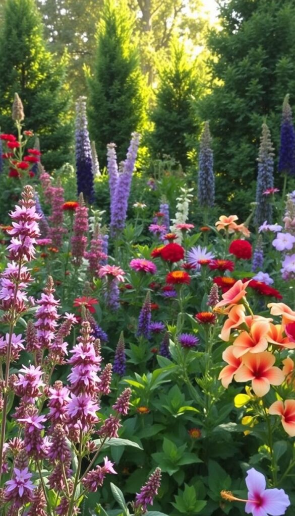 A lush, vibrant garden scene with a variety of flowering shrubs that attract hummingbirds and bees. In the foreground, delicate pink and purple blooms of Salvia, Agastache, and Monarda sway gently in a warm breeze. The middle ground features a mix of Lantana, Buddleja, and Hibiscus, their rich colors drawing in a swarm of buzzing pollinators. In the background, tall, leafy shrubs like Viburnum and Calycanthus frame the scene, creating a sense of depth and tranquility. Warm, golden sunlight filters through the leaves, casting a soft, natural glow over the entire composition. The overall mood is one of abundant, lively biodiversity in a beautifully designed garden.