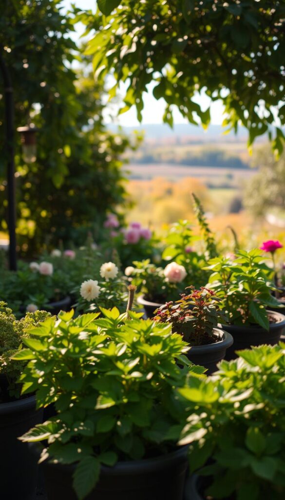A lush, vibrant garden scene with a variety of thriving potted plants in the foreground. Diffused, warm natural light filters through the foliage, creating soft shadows and highlights. The middle ground features a mix of flowering plants and leafy greens, hinting at their need for relocation as the seasons change. In the background, a slightly blurred but harmonious landscape sets the stage, suggesting an autumnal setting. The overall composition conveys a sense of growth, transition, and the careful consideration required when transplanting flora. A lush, vibrant garden scene with a variety of thriving potted plants in the foreground. Diffused, warm natural light filters through the foliage, creating soft shadows and highlights. The middle ground features a mix of flowering plants and leafy greens, hinting at their need for relocation as the seasons change. In the background, a slightly blurred but harmonious landscape sets the stage, suggesting an autumnal setting. The overall composition conveys a sense of growth, transition, and the careful consideration required when transplanting flora.