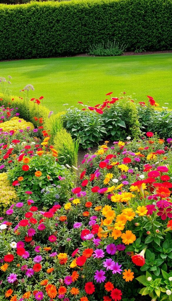 A lush, vibrant garden showcasing a variety of colorful plants arranged in well-designed beds and borders. The foreground features a mix of flowering annuals and perennials in a vibrant palette, creating a visually striking display. In the middle ground, low-growing groundcover plants and cascading vines spill over the edges, adding depth and texture. The background is framed by a backdrop of neatly trimmed hedges and a verdant lawn, creating a cohesive and harmonious outdoor scene. The lighting is soft and natural, casting a warm, inviting glow over the entire composition. The overall mood is one of tranquility and beauty, perfectly capturing the essence of an easy, color-rich backyard landscape. A lush, vibrant garden showcasing a variety of colorful plants arranged in well-designed beds and borders. The foreground features a mix of flowering annuals and perennials in a vibrant palette, creating a visually striking display. In the middle ground, low-growing groundcover plants and cascading vines spill over the edges, adding depth and texture. The background is framed by a backdrop of neatly trimmed hedges and a verdant lawn, creating a cohesive and harmonious outdoor scene. The lighting is soft and natural, casting a warm, inviting glow over the entire composition. The overall mood is one of tranquility and beauty, perfectly capturing the essence of an easy, color-rich backyard landscape.