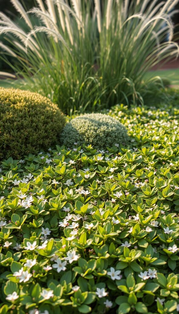 A lush, vibrant ground cover scene in a well-lit, natural setting. In the foreground, a diverse array of low-growing plants carpet the ground, their leaves forming a tapestry of various shades of green, punctuated by delicate flowers in soft pastels. The midground features larger, mounding foliage plants that add depth and texture. Tall, wispy grasses sway gently in the background, creating a sense of movement and depth. The lighting is soft and diffused, casting a warm, golden glow that accentuates the rich, earthy tones. The overall mood is one of tranquility and low-maintenance beauty, perfectly capturing the essence of a thriving, low-water yard.