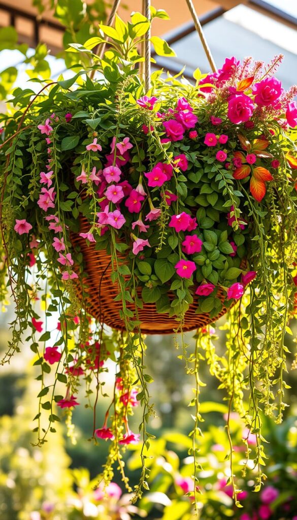 A lush, vibrant hanging basket filled with an artful arrangement of thriving plants, illuminated by warm, natural lighting. In the foreground, cascading vines and trailing blooms create a mesmerizing visual tapestry. In the middle ground, a variety of leafy greens and colorful flowers thrive, each species carefully selected for its light and climate requirements. The background features a serene, sun-dappled setting, showcasing the ideal conditions for this harmonious plant display. The overall composition conveys a sense of balance, vitality, and a deep understanding of how to curate the perfect hanging basket for any environment.