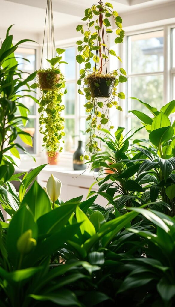 A lush, vibrant indoor garden showcasing the best air-purifying plants. In the foreground, a diverse array of leafy houseplants, such as snake plants, peace lilies, and golden pothos, stand tall and healthy under soft, natural lighting. In the middle ground, a spider plant cascades gracefully from a hanging planter, its delicate leaves filtering the air. The background features a serene, minimalist interior, with large windows allowing ample sunlight to pour in and illuminate the verdant scene. The overall atmosphere exudes a sense of tranquility and wellness, inspiring the viewer to curate their own healthier indoor environment. A lush, vibrant indoor garden showcasing the best air-purifying plants. In the foreground, a diverse array of leafy houseplants, such as snake plants, peace lilies, and golden pothos, stand tall and healthy under soft, natural lighting. In the middle ground, a spider plant cascades gracefully from a hanging planter, its delicate leaves filtering the air. The background features a serene, minimalist interior, with large windows allowing ample sunlight to pour in and illuminate the verdant scene. The overall atmosphere exudes a sense of tranquility and wellness, inspiring the viewer to curate their own healthier indoor environment.
