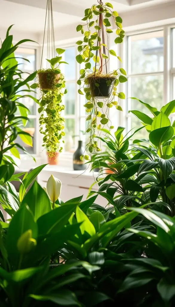 A lush, vibrant indoor garden showcasing the best air-purifying plants. In the foreground, a diverse array of leafy houseplants, such as snake plants, peace lilies, and golden pothos, stand tall and healthy under soft, natural lighting. In the middle ground, a spider plant cascades gracefully from a hanging planter, its delicate leaves filtering the air. The background features a serene, minimalist interior, with large windows allowing ample sunlight to pour in and illuminate the verdant scene. The overall atmosphere exudes a sense of tranquility and wellness, inspiring the viewer to curate their own healthier indoor environment. A lush, vibrant indoor garden showcasing the best air-purifying plants. In the foreground, a diverse array of leafy houseplants, such as snake plants, peace lilies, and golden pothos, stand tall and healthy under soft, natural lighting. In the middle ground, a spider plant cascades gracefully from a hanging planter, its delicate leaves filtering the air. The background features a serene, minimalist interior, with large windows allowing ample sunlight to pour in and illuminate the verdant scene. The overall atmosphere exudes a sense of tranquility and wellness, inspiring the viewer to curate their own healthier indoor environment.