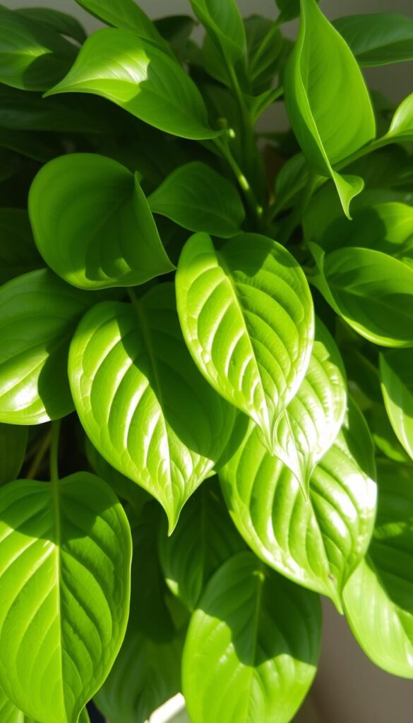 A lush, vibrant indoor plant with healthy, glossy green leaves that capture the essence of a pest-free, thriving environment. The leaves are illuminated by soft, natural lighting, casting delicate shadows and highlighting their intricate vein patterns. The composition emphasizes the leaves' graceful curves and serene, unblemished appearance, conveying a sense of tranquility and well-being. The background is subtly blurred, allowing the plant to be the focal point, drawing the viewer's attention to the signs of a pest-free, thriving indoor landscape.