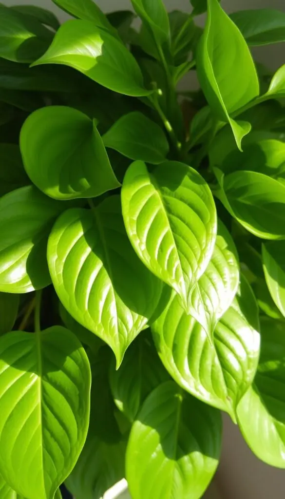 A lush, vibrant indoor plant with healthy, glossy green leaves that capture the essence of a pest-free, thriving environment. The leaves are illuminated by soft, natural lighting, casting delicate shadows and highlighting their intricate vein patterns. The composition emphasizes the leaves' graceful curves and serene, unblemished appearance, conveying a sense of tranquility and well-being. The background is subtly blurred, allowing the plant to be the focal point, drawing the viewer's attention to the signs of a pest-free, thriving indoor landscape.