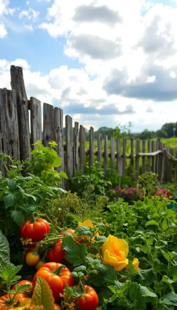 A lush, vibrant landscape depicting the changing seasons. In the foreground, an array of seasonal vegetables and herbs, their colors and textures reflecting the transition from one season to the next. The middle ground features a weathered wooden fence, its worn planks and gentle curves adding a touch of rustic charm. In the background, a vibrant sky with fluffy clouds casting soft, diffused light over the scene, creating a sense of warmth and tranquility. The overall composition conveys the cyclical nature of the growing season, with each stage offering its own unique beauty and opportunities for the attentive gardener.
