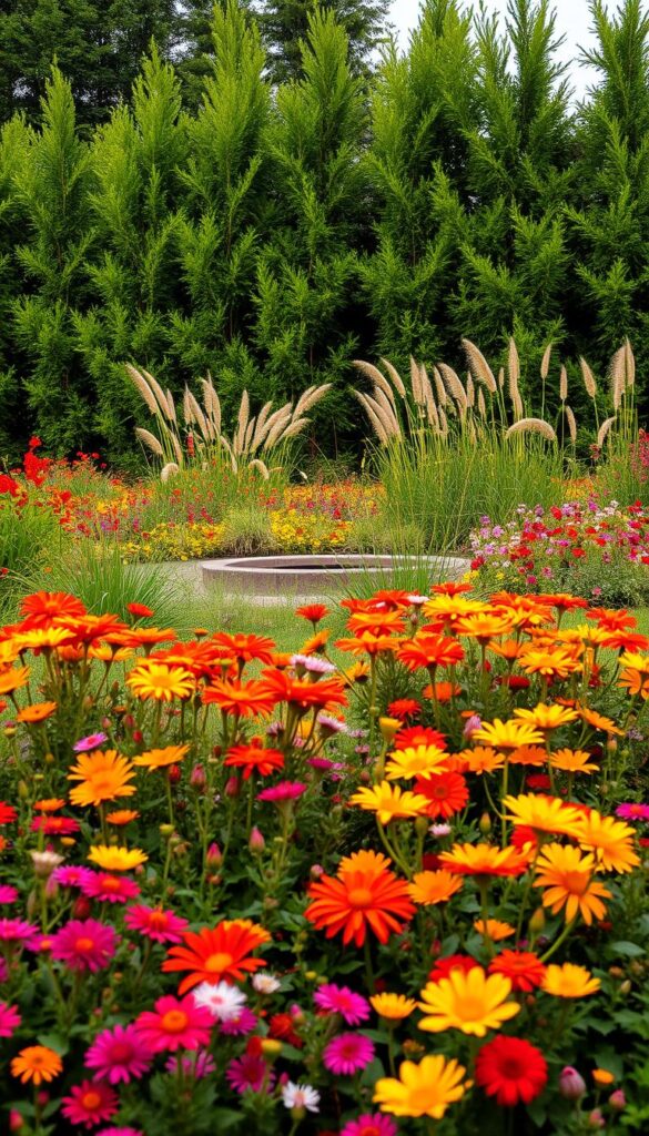 A lush, vibrant landscape of colorful flowers, set against a backdrop of verdant foliage. In the foreground, a diverse array of blooms in warm hues - vibrant reds, sunny yellows, and delicate pinks - create a captivating tapestry. The middle ground features a mixture of tall, swaying grasses and low-growing perennials, adding depth and texture. In the background, a row of tall, swaying evergreen trees forms a natural wind screen, providing a sense of enclosure and privacy. The scene is bathed in soft, diffused lighting, creating a serene and inviting atmosphere, perfect for framing a cozy fire pit.