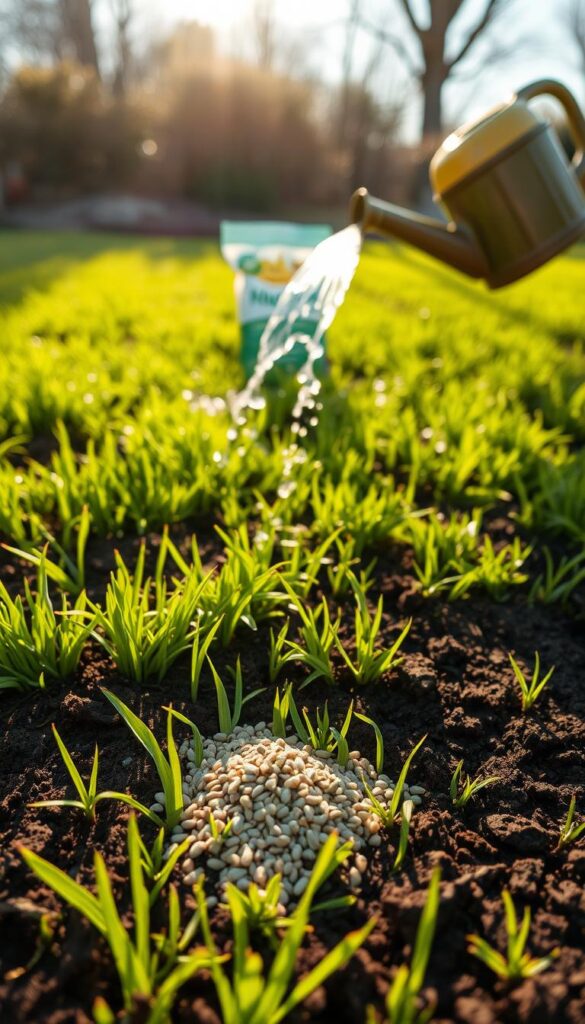A lush, vibrant lawn awakens in the spring sun, the soil rich and dark. In the foreground, a handful of grass seed is gently scattered, ready to take root and flourish. Nearby, a watering can pours a steady stream of refreshing water, nourishing the earth. In the middle ground, a bag of slow-release fertilizer sits, its contents poised to feed the grass and encourage deep, healthy growth. The scene is bathed in warm, golden light, capturing the rejuvenating spirit of the season. A sense of anticipation and renewal permeates the frame, setting the stage for a thriving, verdant lawn.
