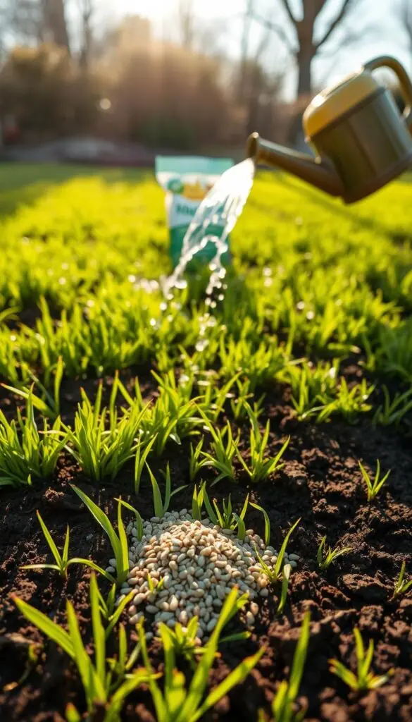 A lush, vibrant lawn awakens in the spring sun, the soil rich and dark. In the foreground, a handful of grass seed is gently scattered, ready to take root and flourish. Nearby, a watering can pours a steady stream of refreshing water, nourishing the earth. In the middle ground, a bag of slow-release fertilizer sits, its contents poised to feed the grass and encourage deep, healthy growth. The scene is bathed in warm, golden light, capturing the rejuvenating spirit of the season. A sense of anticipation and renewal permeates the frame, setting the stage for a thriving, verdant lawn. A lush, vibrant lawn awakens in the spring sun, the soil rich and dark. In the foreground, a handful of grass seed is gently scattered, ready to take root and flourish. Nearby, a watering can pours a steady stream of refreshing water, nourishing the earth. In the middle ground, a bag of slow-release fertilizer sits, its contents poised to feed the grass and encourage deep, healthy growth. The scene is bathed in warm, golden light, capturing the rejuvenating spirit of the season. A sense of anticipation and renewal permeates the frame, setting the stage for a thriving, verdant lawn.
