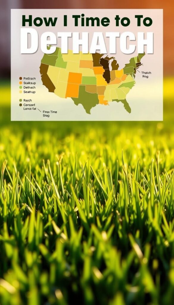 A lush, vibrant lawn in the foreground, showcasing the ideal time to dethatch for different grass types and seasons in the U.S. The middle ground features a detailed illustration of thatch buildup, with a clear delineation of the optimal dethatch period for each season. In the background, a stylized map of the contiguous United States, color-coded to display regional variations in the best time to dethatch. The lighting is warm and natural, conveying a sense of practicality and gardening expertise. The overall composition is balanced, clean, and informative, guiding the viewer through the process of maintaining a healthy, thatch-free lawn.