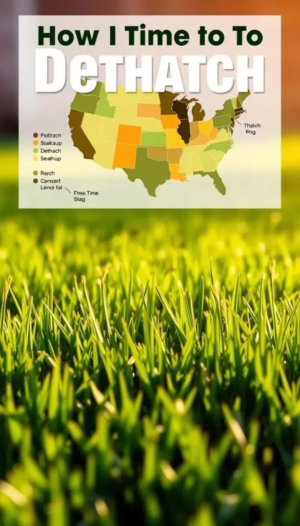A lush, vibrant lawn in the foreground, showcasing the ideal time to dethatch for different grass types and seasons in the U.S. The middle ground features a detailed illustration of thatch buildup, with a clear delineation of the optimal dethatch period for each season. In the background, a stylized map of the contiguous United States, color-coded to display regional variations in the best time to dethatch. The lighting is warm and natural, conveying a sense of practicality and gardening expertise. The overall composition is balanced, clean, and informative, guiding the viewer through the process of maintaining a healthy, thatch-free lawn.