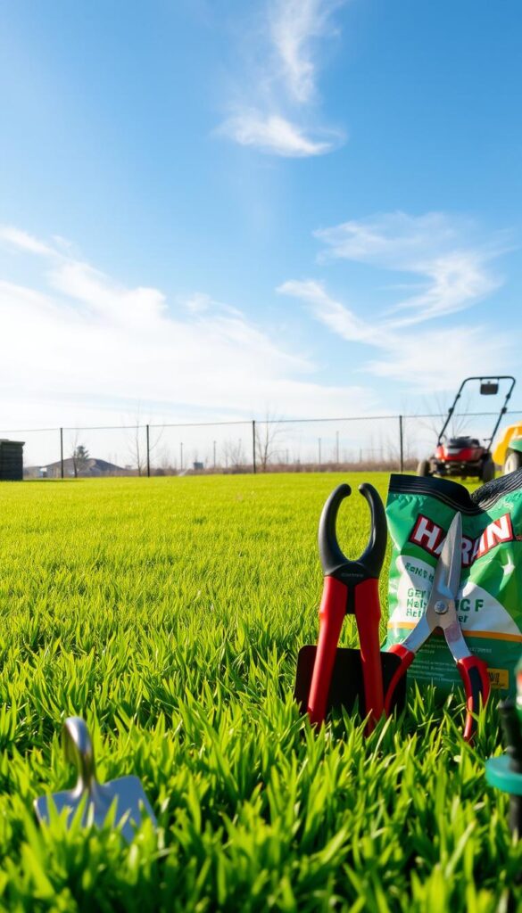 A lush, vibrant lawn with well-manicured grass, surrounded by a variety of gardening tools and lawn care accessories. In the foreground, a spade, shears, and a bag of fertilizer stand ready for quick fixes. The middle ground features a healthy, emerald-green lawn, with a sprinkler system and a push mower in the distance. The background showcases a clear, blue sky with gentle, wispy clouds, creating a sense of tranquility and the promise of spring. The lighting is soft and natural, casting a warm glow over the scene, inviting the viewer to imagine the satisfying results of these simple lawn care tasks.