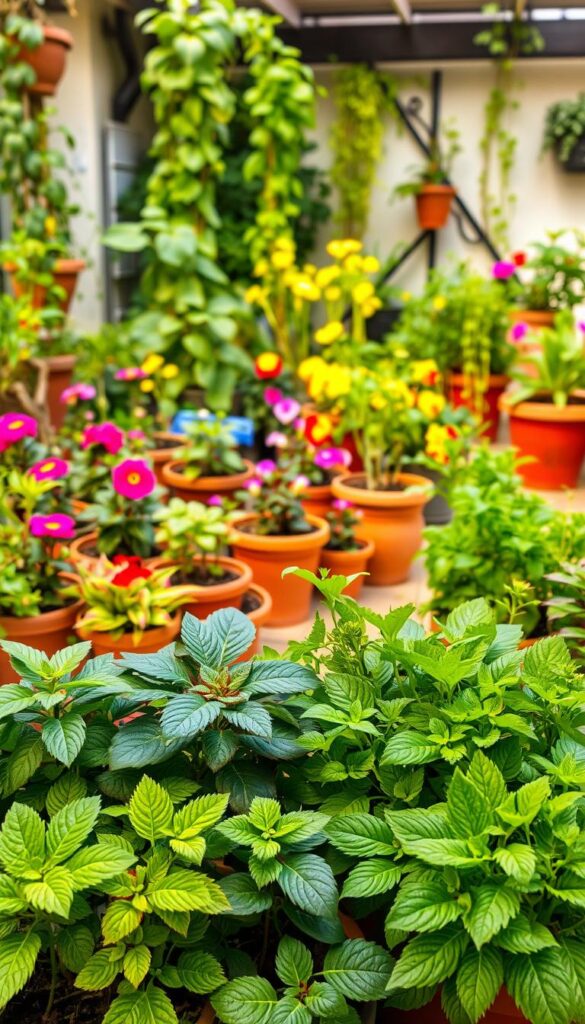 A lush, vibrant patio filled with a variety of thriving potted plants. In the foreground, a collection of healthy leafy greens and herbs, their vibrant hues and textures creating a sense of abundance. In the middle ground, colorful flowering plants in terracotta pots, their blooms adding pops of color and visual interest. The background features a mix of trailing vines and larger potted shrubs, creating a layered, verdant oasis. Warm, diffused natural light bathes the scene, casting gentle shadows and highlighting the plants' intricate details. The overall composition conveys a sense of tranquility, inspiration, and the joy of small-space gardening. A lush, vibrant patio filled with a variety of thriving potted plants. In the foreground, a collection of healthy leafy greens and herbs, their vibrant hues and textures creating a sense of abundance. In the middle ground, colorful flowering plants in terracotta pots, their blooms adding pops of color and visual interest. The background features a mix of trailing vines and larger potted shrubs, creating a layered, verdant oasis. Warm, diffused natural light bathes the scene, casting gentle shadows and highlighting the plants' intricate details. The overall composition conveys a sense of tranquility, inspiration, and the joy of small-space gardening.
