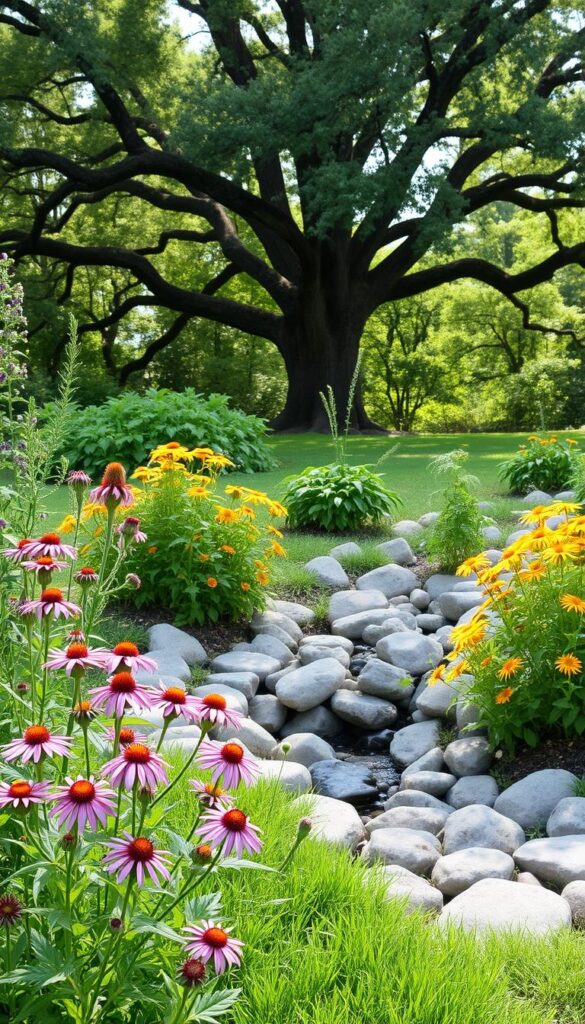 A lush, vibrant rain garden nestled in a verdant yard, filled with a diverse array of native plants that thrive in moist conditions. In the foreground, clusters of purple coneflowers and golden black-eyed Susans sway gently in a soft breeze. The middle ground features a gently sloping depression lined with smooth river rocks, designed to capture and slowly infiltrate stormwater runoff. In the background, a backdrop of towering oak trees provides dappled shade, casting a warm, earthy glow over the scene. The overall composition evokes a sense of harmony between the natural and the cultivated, a tranquil oasis that elegantly solves the challenge of yard drainage. A lush, vibrant rain garden nestled in a verdant yard, filled with a diverse array of native plants that thrive in moist conditions. In the foreground, clusters of purple coneflowers and golden black-eyed Susans sway gently in a soft breeze. The middle ground features a gently sloping depression lined with smooth river rocks, designed to capture and slowly infiltrate stormwater runoff. In the background, a backdrop of towering oak trees provides dappled shade, casting a warm, earthy glow over the scene. The overall composition evokes a sense of harmony between the natural and the cultivated, a tranquil oasis that elegantly solves the challenge of yard drainage.
