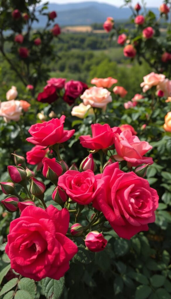A lush, vibrant scene of seasonal roses in various stages of bloom, captured in soft, natural lighting. In the foreground, a cluster of full-bodied crimson roses, their petals delicately unfurling, surrounded by a mix of buds in shades of pink and coral. In the middle ground, additional rose bushes in different hues - from deep burgundy to pale pastel shades - growing amidst verdant foliage. The background features a blurred, dreamy landscape, with a hint of blue sky peeking through. The overall composition conveys a sense of tranquility and the cyclical nature of the rose's seasonal journey, from spring's vibrant new growth to autumn's graceful decay. A lush, vibrant scene of seasonal roses in various stages of bloom, captured in soft, natural lighting. In the foreground, a cluster of full-bodied crimson roses, their petals delicately unfurling, surrounded by a mix of buds in shades of pink and coral. In the middle ground, additional rose bushes in different hues - from deep burgundy to pale pastel shades - growing amidst verdant foliage. The background features a blurred, dreamy landscape, with a hint of blue sky peeking through. The overall composition conveys a sense of tranquility and the cyclical nature of the rose's seasonal journey, from spring's vibrant new growth to autumn's graceful decay.