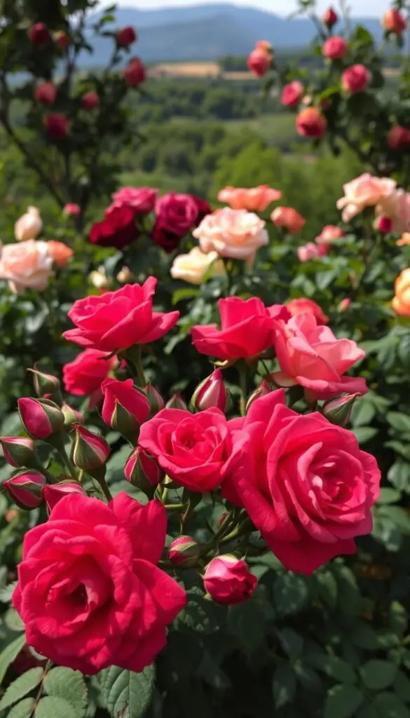 A lush, vibrant scene of seasonal roses in various stages of bloom, captured in soft, natural lighting. In the foreground, a cluster of full-bodied crimson roses, their petals delicately unfurling, surrounded by a mix of buds in shades of pink and coral. In the middle ground, additional rose bushes in different hues - from deep burgundy to pale pastel shades - growing amidst verdant foliage. The background features a blurred, dreamy landscape, with a hint of blue sky peeking through. The overall composition conveys a sense of tranquility and the cyclical nature of the rose's seasonal journey, from spring's vibrant new growth to autumn's graceful decay.