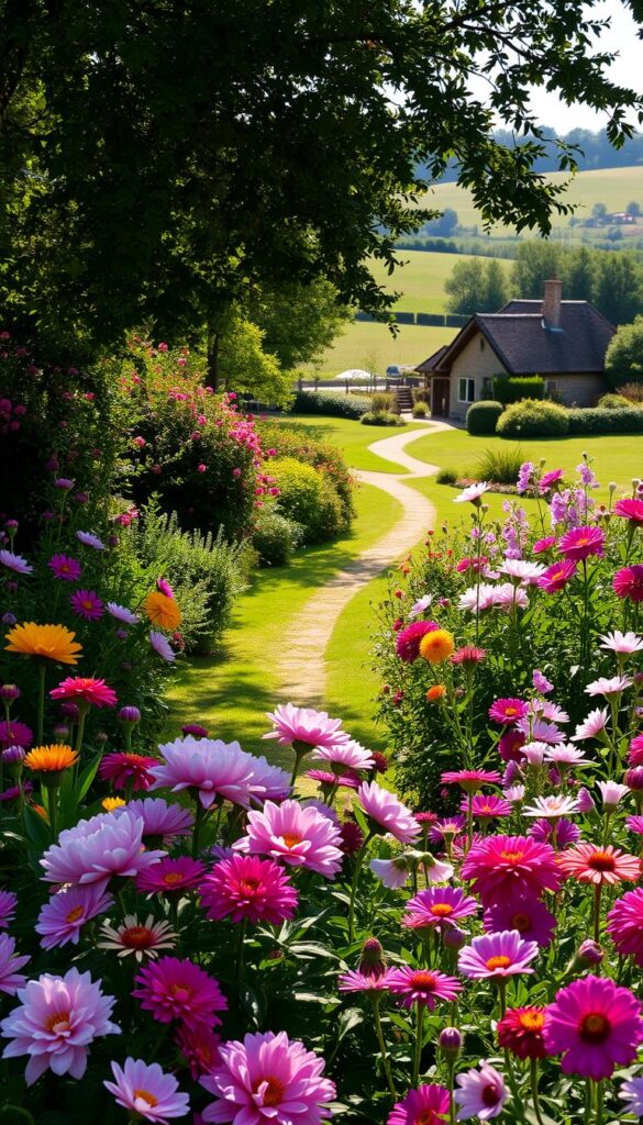 A lush, vibrant seasonal garden in soft morning light. In the foreground, an abundance of colorful companion flowers in bloom - peonies, dahlias, and snapdragons. The middle ground features a winding garden path lined with flowering bushes and trees, casting dappled shadows. In the distance, a charming cottage with a thatched roof is nestled amidst a rolling meadow. The scene exudes a serene, romantic atmosphere, inviting the viewer to step into this idyllic, picturesque landscape. A lush, vibrant seasonal garden in soft morning light. In the foreground, an abundance of colorful companion flowers in bloom - peonies, dahlias, and snapdragons. The middle ground features a winding garden path lined with flowering bushes and trees, casting dappled shadows. In the distance, a charming cottage with a thatched roof is nestled amidst a rolling meadow. The scene exudes a serene, romantic atmosphere, inviting the viewer to step into this idyllic, picturesque landscape.