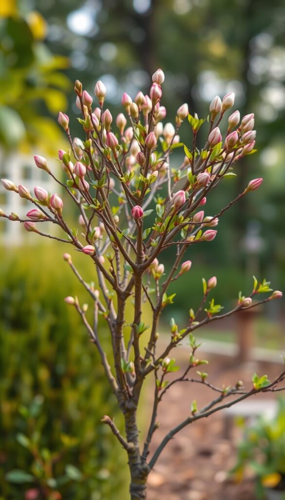 A lush, vibrant shrub bursting with new growth, its branches reaching skyward in a gesture of renewal. Delicate pink buds and fresh green foliage contrast against a soft, diffused light that bathes the scene in a warm, rejuvenating glow. The shrub is positioned centrally, framed by a blurred, natural background that hints at a garden setting. Crisp, high-resolution details capture the intricate textures of the bark, leaves, and emerging blossoms, inviting the viewer to marvel at the plant's resilience and potential for revitalization. A lush, vibrant shrub bursting with new growth, its branches reaching skyward in a gesture of renewal. Delicate pink buds and fresh green foliage contrast against a soft, diffused light that bathes the scene in a warm, rejuvenating glow. The shrub is positioned centrally, framed by a blurred, natural background that hints at a garden setting. Crisp, high-resolution details capture the intricate textures of the bark, leaves, and emerging blossoms, inviting the viewer to marvel at the plant's resilience and potential for revitalization.