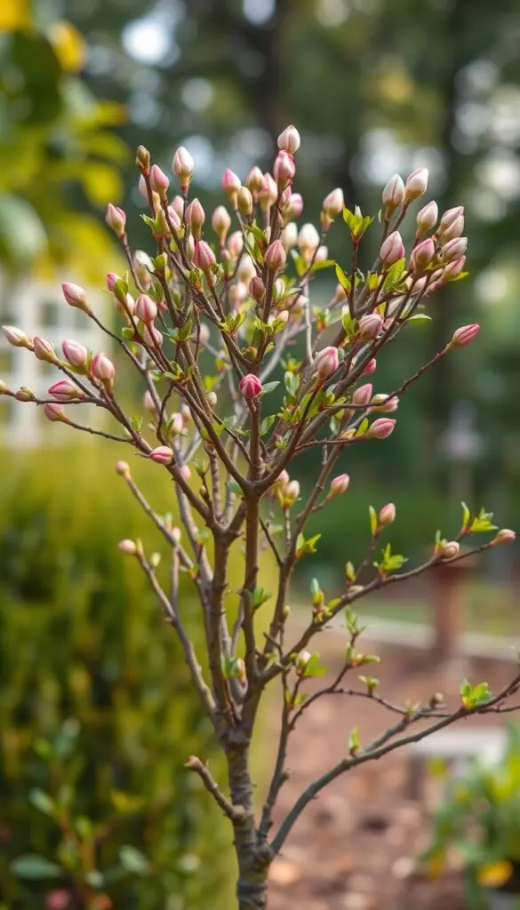 A lush, vibrant shrub bursting with new growth, its branches reaching skyward in a gesture of renewal. Delicate pink buds and fresh green foliage contrast against a soft, diffused light that bathes the scene in a warm, rejuvenating glow. The shrub is positioned centrally, framed by a blurred, natural background that hints at a garden setting. Crisp, high-resolution details capture the intricate textures of the bark, leaves, and emerging blossoms, inviting the viewer to marvel at the plant's resilience and potential for revitalization. A lush, vibrant shrub bursting with new growth, its branches reaching skyward in a gesture of renewal. Delicate pink buds and fresh green foliage contrast against a soft, diffused light that bathes the scene in a warm, rejuvenating glow. The shrub is positioned centrally, framed by a blurred, natural background that hints at a garden setting. Crisp, high-resolution details capture the intricate textures of the bark, leaves, and emerging blossoms, inviting the viewer to marvel at the plant's resilience and potential for revitalization.