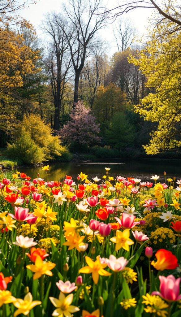 A lush, vibrant spring garden in the foreground, featuring a colorful array of blooming flowers, such as tulips, daffodils, and cherry blossoms, bathed in warm, golden sunlight. In the middle ground, a tranquil pond reflects the surrounding foliage, while in the background, a dense forest canopy provides a natural, serene backdrop. The overall composition conveys a sense of renewal, growth, and the delicate balance between the vibrant spring season and the impending autumn. The lighting is soft and diffused, creating a dreamy, atmospheric effect, while the camera angle is slightly elevated to capture the depth and richness of the scene.