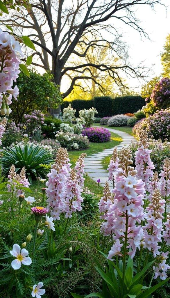 A lush, vibrant springtime garden in soft, muted hues. In the foreground, a bountiful array of blooming flowers - delicate pastel petals in shades of pink, lavender, and white cascade across the frame. A mix of textured foliage, from soft ferns to glossy leaves, creates a layered, natural composition. In the middle ground, a gently winding stone path leads the eye deeper into the scene, flanked by bursts of color from flowering bushes and shrubs. The background reveals a towering, mature tree, its canopy casting a dappled, golden light over the entire tableau. An atmosphere of tranquility and renewal, as if captured in a serene, sun-dappled moment.
