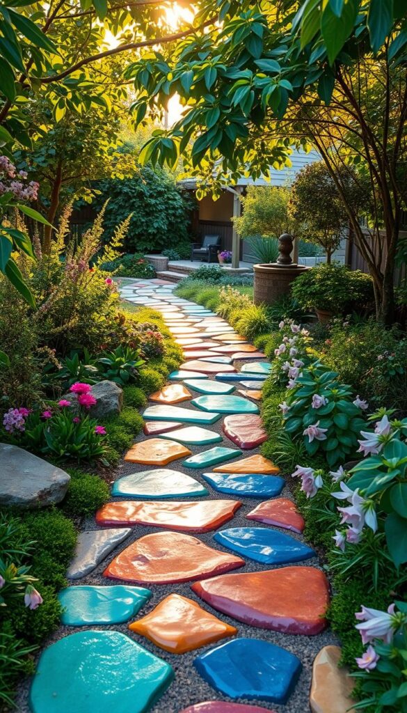 A lush, vibrant stepping stone garden path winds through a serene backyard oasis. Smooth, irregularly shaped stones in a rainbow of colors - emerald, sapphire, amber, and amethyst - are artfully arranged to create a captivating, organic trail. Wispy foliage and delicate flowers in complementary hues spill over the edges, lending a soft, enchanting touch. Warm, golden sunlight filters through the leafy canopy above, casting a gentle, ethereal glow over the scene. The overall effect is one of whimsy and natural beauty, inviting visitors to embark on a colorful journey through this verdant, tranquil outdoor space.
