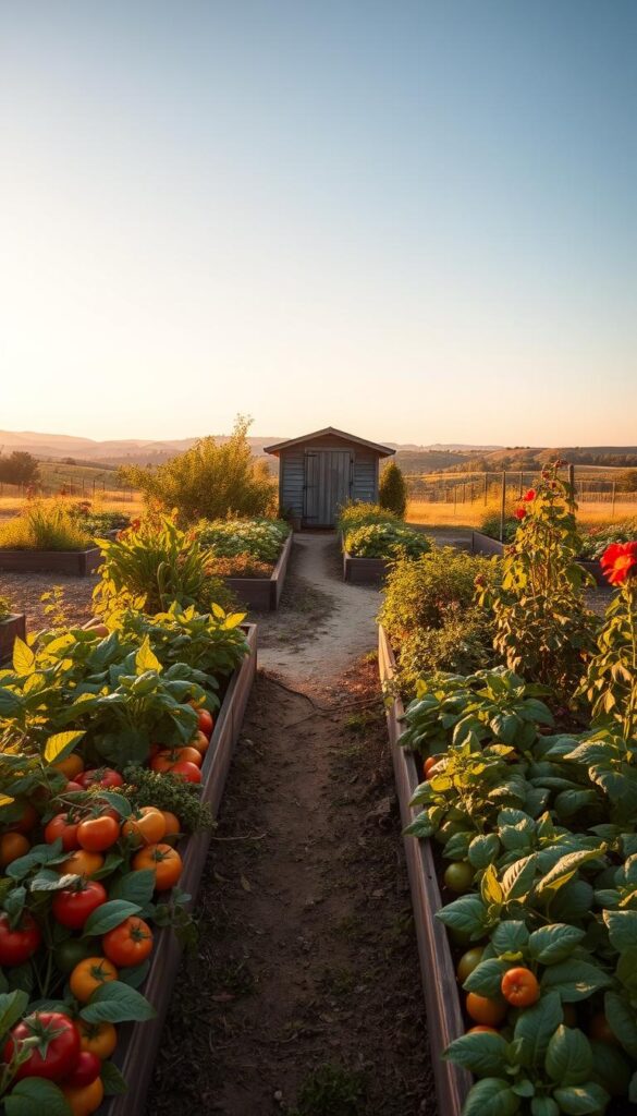 A lush, vibrant vegetable garden set against the warm glow of an autumnal afternoon. The foreground features neatly organized raised beds filled with a variety of thriving produce - plump tomatoes, leafy greens, and colorful bell peppers. A winding garden path leads the eye through the middle ground, flanked by flourishing herbs and flowering plants. In the background, a quaint wooden shed stands amidst a backdrop of gently rolling hills and a clear, azure sky. Soft, diffused lighting bathes the scene in a golden, inviting hue, creating a peaceful, rejuvenating atmosphere perfect for preparing the garden for the coming winter. A lush, vibrant vegetable garden set against the warm glow of an autumnal afternoon. The foreground features neatly organized raised beds filled with a variety of thriving produce - plump tomatoes, leafy greens, and colorful bell peppers. A winding garden path leads the eye through the middle ground, flanked by flourishing herbs and flowering plants. In the background, a quaint wooden shed stands amidst a backdrop of gently rolling hills and a clear, azure sky. Soft, diffused lighting bathes the scene in a golden, inviting hue, creating a peaceful, rejuvenating atmosphere perfect for preparing the garden for the coming winter.