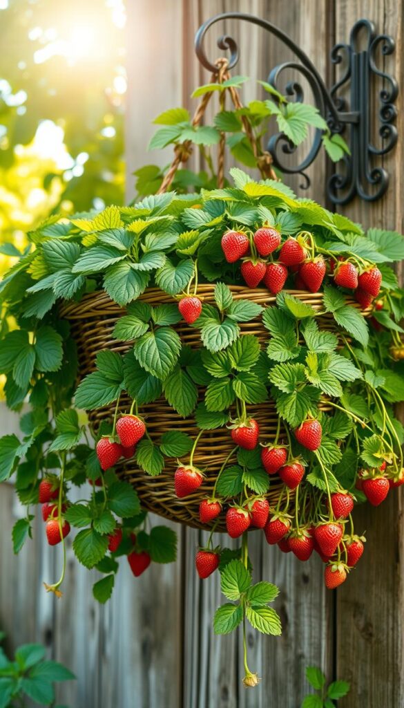 A lush, vibrantly green hanging basket, its cascading vines and plump strawberry plants spilling over the edges, suspended from a wrought-iron bracket mounted on a weathered wooden wall. The basket's woven construction allows for optimal drainage and air circulation, promoting healthy root development. Soft, diffused sunlight filters through a canopy of leaves, casting a warm, natural glow on the scene. The strawberries are in various stages of ripeness, their ruby-red hues contrasting beautifully against the verdant foliage. The overall composition evokes a sense of abundance, vitality, and a serene, garden-like ambiance. A lush, vibrantly green hanging basket, its cascading vines and plump strawberry plants spilling over the edges, suspended from a wrought-iron bracket mounted on a weathered wooden wall. The basket's woven construction allows for optimal drainage and air circulation, promoting healthy root development. Soft, diffused sunlight filters through a canopy of leaves, casting a warm, natural glow on the scene. The strawberries are in various stages of ripeness, their ruby-red hues contrasting beautifully against the verdant foliage. The overall composition evokes a sense of abundance, vitality, and a serene, garden-like ambiance.