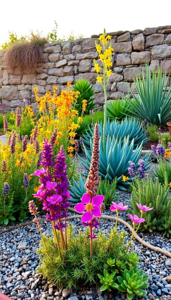 A lush, water-wise garden featuring drought-tolerant plants arranged in a gravel-style bed. In the foreground, vibrant, colorful blooms of xeriscaping favorites like lavender, sage, and succulents sway gently in a warm, golden light. The middle ground showcases a mix of leafy greens and structural plants, their shapes and textures complementing each other. In the background, a weathered stone wall provides a natural, earthy backdrop, while the sky above is a soft, hazy blue. The overall composition evokes a sense of harmony and resilience, showcasing how climate-smart gardening can be both beautiful and functional. A lush, water-wise garden featuring drought-tolerant plants arranged in a gravel-style bed. In the foreground, vibrant, colorful blooms of xeriscaping favorites like lavender, sage, and succulents sway gently in a warm, golden light. The middle ground showcases a mix of leafy greens and structural plants, their shapes and textures complementing each other. In the background, a weathered stone wall provides a natural, earthy backdrop, while the sky above is a soft, hazy blue. The overall composition evokes a sense of harmony and resilience, showcasing how climate-smart gardening can be both beautiful and functional.