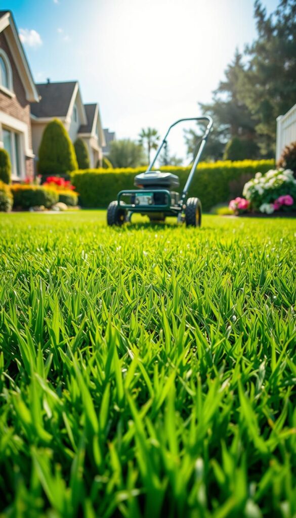 A lush, well-aerated lawn with fresh, green grass blades stands in the foreground, showcasing the effects of a recent core aeration process. In the middle ground, a professional-grade lawn aerator machine punctures the soil, creating evenly spaced holes to improve oxygen, water, and nutrient flow. The background depicts a picturesque suburban neighborhood, with neatly trimmed hedges, blooming flowers, and a clear, sunny sky overhead, illuminating the scene with a warm, inviting glow. The overall image conveys a sense of pride and accomplishment, highlighting the step-by-step process of transforming an ordinary lawn into a healthy, thriving oasis.