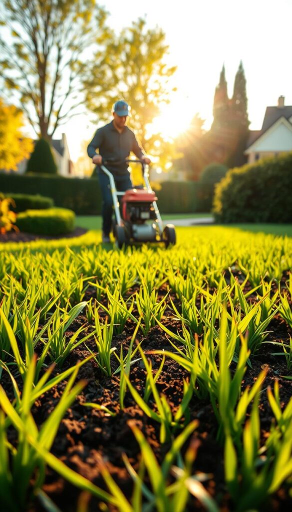 A lush, well-aerated lawn with soil-penetrating spikes gently pushing through the ground, exposing the rich, dark earth beneath. Backlit by warm, golden sunlight, the scene exudes a sense of rejuvenation and healthy growth. The tines of the aerator glisten, their metallic texture contrasting with the soft, verdant blades of grass. In the middle ground, a homeowner carefully navigates the device, their silhouette adding a touch of human element to the tranquil, earthy composition. In the background, a picturesque suburban landscape with neatly trimmed hedges and towering trees completes the picture of a thriving, well-maintained yard. A lush, well-aerated lawn with soil-penetrating spikes gently pushing through the ground, exposing the rich, dark earth beneath. Backlit by warm, golden sunlight, the scene exudes a sense of rejuvenation and healthy growth. The tines of the aerator glisten, their metallic texture contrasting with the soft, verdant blades of grass. In the middle ground, a homeowner carefully navigates the device, their silhouette adding a touch of human element to the tranquil, earthy composition. In the background, a picturesque suburban landscape with neatly trimmed hedges and towering trees completes the picture of a thriving, well-maintained yard.