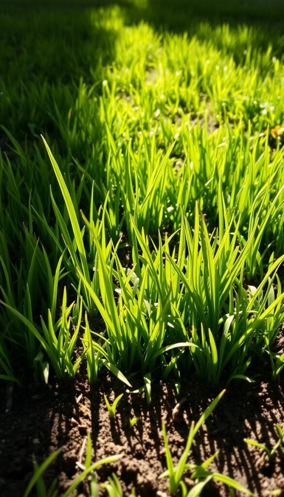 A lush, well-aerated turf gently illuminated by soft, natural lighting. The blades of grass stand tall and vibrant, with a healthy sheen reflecting the sun's rays. The soil beneath is loose and porous, allowing for optimal water and nutrient absorption. Subtle shadows and highlights create depth and texture, drawing the viewer's eye across the meticulously maintained lawn. The scene conveys a sense of balance and order, the result of careful attention to lawn care practices such as regular aeration and dethatching. This image perfectly encapsulates the transformative power of these essential lawn maintenance techniques, as described in the "Aeration, Dethatching, and When to Renovate" section of the article. A lush, well-aerated turf gently illuminated by soft, natural lighting. The blades of grass stand tall and vibrant, with a healthy sheen reflecting the sun's rays. The soil beneath is loose and porous, allowing for optimal water and nutrient absorption. Subtle shadows and highlights create depth and texture, drawing the viewer's eye across the meticulously maintained lawn. The scene conveys a sense of balance and order, the result of careful attention to lawn care practices such as regular aeration and dethatching. This image perfectly encapsulates the transformative power of these essential lawn maintenance techniques, as described in the "Aeration, Dethatching, and When to Renovate" section of the article.