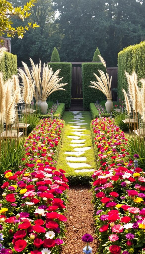 A lush, well-designed flower garden bed nestled in a serene outdoor setting. The bed is laid out in a symmetrical, rectangular shape, with neat rows of colorful blooms in the foreground. Tall, swaying ornamental grasses provide vertical interest along the edges, complemented by strategically placed garden sculptures or trellises. The middle ground features a meandering stone path, inviting the viewer to explore the space. In the background, a wooden fence or hedges frame the scene, creating a sense of enclosure and privacy. Soft, diffused lighting casts a warm, golden glow across the entire composition, highlighting the textures and colors of the plants. The overall atmosphere is one of tranquility, balance, and the beauty of nature. A lush, well-designed flower garden bed nestled in a serene outdoor setting. The bed is laid out in a symmetrical, rectangular shape, with neat rows of colorful blooms in the foreground. Tall, swaying ornamental grasses provide vertical interest along the edges, complemented by strategically placed garden sculptures or trellises. The middle ground features a meandering stone path, inviting the viewer to explore the space. In the background, a wooden fence or hedges frame the scene, creating a sense of enclosure and privacy. Soft, diffused lighting casts a warm, golden glow across the entire composition, highlighting the textures and colors of the plants. The overall atmosphere is one of tranquility, balance, and the beauty of nature.