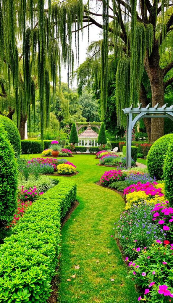 A lush, well-designed garden featuring an array of vibrant flora and creative architectural elements. In the foreground, neatly pruned shrubs and flowering plants frame a central path winding through the scene. The middle ground showcases a mix of perennials and annuals in complementary colors, artfully arranged in raised beds and borders. Towering trees with cascading foliage provide a natural canopy, casting a warm, dappled light across the tranquil landscape. Strategically placed garden structures, such as trellises and ornamental containers, add visual interest and depth. The overall composition exudes a sense of harmony and intentional design, inspiring ideas for enhancing any outdoor space. A lush, well-designed garden featuring an array of vibrant flora and creative architectural elements. In the foreground, neatly pruned shrubs and flowering plants frame a central path winding through the scene. The middle ground showcases a mix of perennials and annuals in complementary colors, artfully arranged in raised beds and borders. Towering trees with cascading foliage provide a natural canopy, casting a warm, dappled light across the tranquil landscape. Strategically placed garden structures, such as trellises and ornamental containers, add visual interest and depth. The overall composition exudes a sense of harmony and intentional design, inspiring ideas for enhancing any outdoor space.