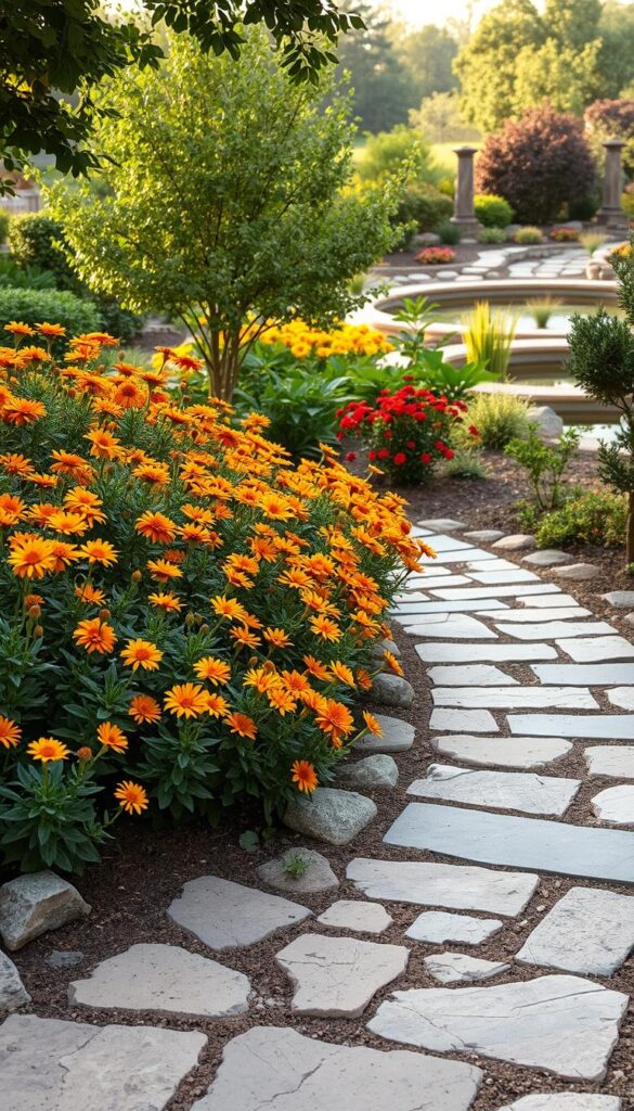 A lush, well-designed garden path winds through an enchanting outdoor space. In the foreground, a series of natural stone pavers lead the way, their irregular shapes and textures creating a rustic, organic feel. Framing the path, a profusion of vibrant flowers in warm hues - yellows, reds, and oranges - burst forth, their petals gently swaying in the soft breeze. In the middle ground, a mix of verdant shrubs and small trees provide a sense of depth and privacy, their leaves casting dappled shadows on the ground. The background reveals a tranquil pond or water feature, its surface reflecting the warm, golden light of the afternoon sun. An atmosphere of peaceful serenity and natural harmony pervades the scene.