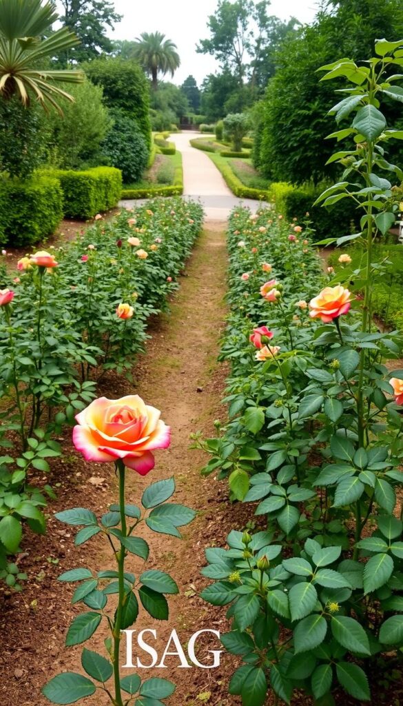 A lush, well-designed rose garden with ample spacing between plants, allowing for optimal airflow and efficient watering. In the foreground, a single healthy rose bush stands tall, its vibrant petals catching the soft, diffused light filtering through the overhead canopy. The middle ground features a neatly arranged grid of rose bushes, their stems and leaves gently swaying in the gentle breeze. In the background, a carefully landscaped path winds through the garden, surrounded by flourishing companion plants that complement the roses. The scene exudes a sense of harmony and careful cultivation, with every element working in tandem to promote the roses' health and vitality.