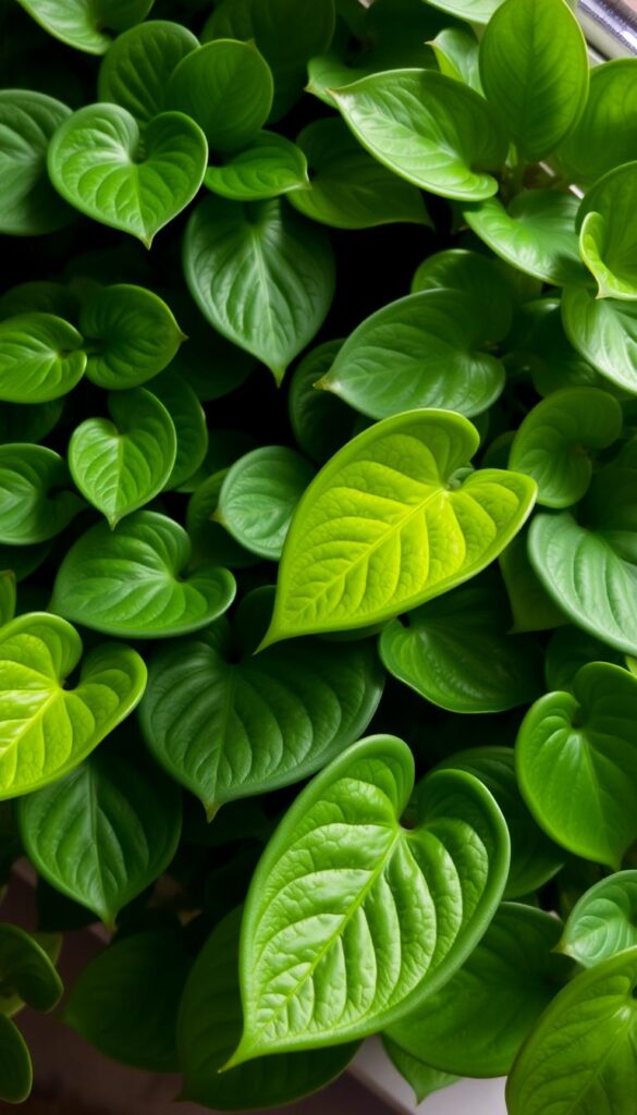 A lush, well-lit arrangement of peperomia and baby rubber plant leaves, showcasing their distinct shapes and glossy textures. The peperomia leaves are oval-shaped with intricate veining, while the rubber plant leaves are broad and paddle-shaped, creating a visually striking contrast. The lighting is soft and diffused, casting a gentle glow on the foliage, highlighting the vibrant green hues and creating a sense of depth. The composition is balanced, with the leaves arranged in a natural, organic manner, conveying a sense of harmony and tranquility. The overall mood is one of serene, pet-friendly indoor greenery, perfect for a window sill setting.