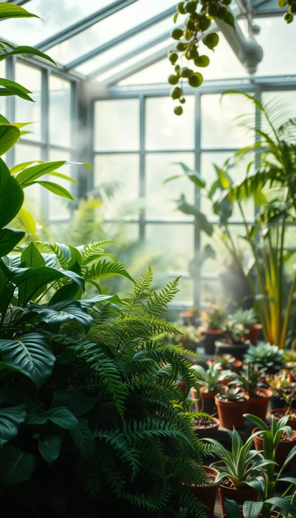 A lush, well-lit greenhouse interior with a focus on the delicate balance of temperature and humidity. Mist-filled air gently swirls around thriving green foliage, creating an atmosphere of soothing, tranquil ambiance. Soft natural light filters through large windows, casting a warm glow and accentuating the verdant hues. In the foreground, a mix of tropical plants with broad, waxy leaves and delicate ferns sway slightly, their intricate textures and shapes highlighted. The middle ground features a variety of potted succulents and air plants, their unique forms complementing the overall scene. The background showcases a serene, harmonious palette of greens, creating a sense of depth and immersion. The overall mood is one of lush, sustainable indoor plant care, inviting the viewer to experience the perfect temperature and humidity balance for thriving houseplants.