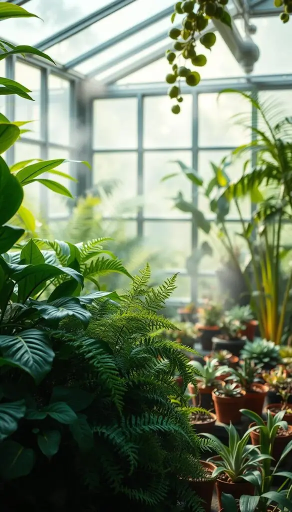 A lush, well-lit greenhouse interior with a focus on the delicate balance of temperature and humidity. Mist-filled air gently swirls around thriving green foliage, creating an atmosphere of soothing, tranquil ambiance. Soft natural light filters through large windows, casting a warm glow and accentuating the verdant hues. In the foreground, a mix of tropical plants with broad, waxy leaves and delicate ferns sway slightly, their intricate textures and shapes highlighted. The middle ground features a variety of potted succulents and air plants, their unique forms complementing the overall scene. The background showcases a serene, harmonious palette of greens, creating a sense of depth and immersion. The overall mood is one of lush, sustainable indoor plant care, inviting the viewer to experience the perfect temperature and humidity balance for thriving houseplants. A lush, well-lit greenhouse interior with a focus on the delicate balance of temperature and humidity. Mist-filled air gently swirls around thriving green foliage, creating an atmosphere of soothing, tranquil ambiance. Soft natural light filters through large windows, casting a warm glow and accentuating the verdant hues. In the foreground, a mix of tropical plants with broad, waxy leaves and delicate ferns sway slightly, their intricate textures and shapes highlighted. The middle ground features a variety of potted succulents and air plants, their unique forms complementing the overall scene. The background showcases a serene, harmonious palette of greens, creating a sense of depth and immersion. The overall mood is one of lush, sustainable indoor plant care, inviting the viewer to experience the perfect temperature and humidity balance for thriving houseplants.