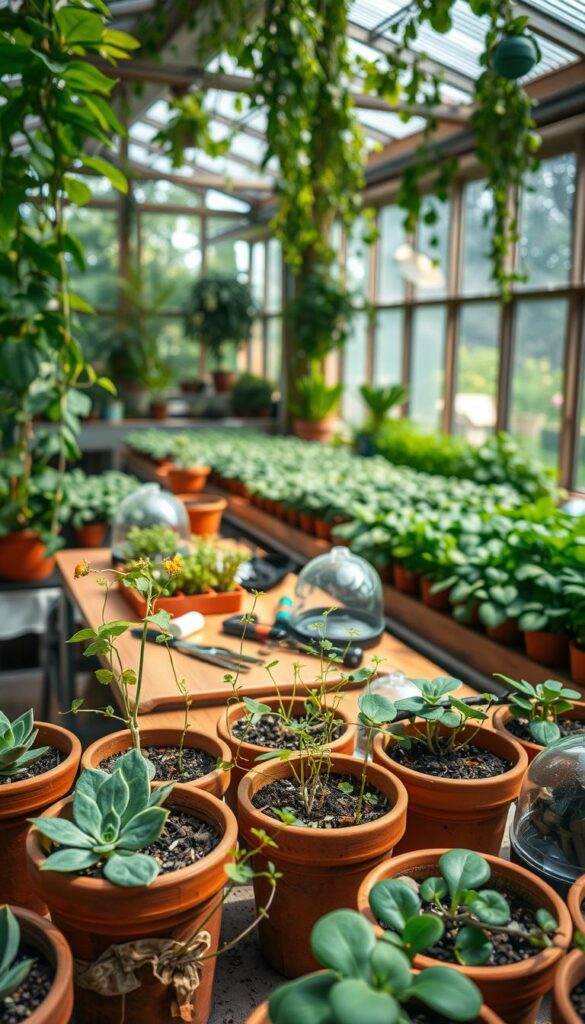 A lush, well-lit indoor greenhouse scene showcasing the propagation of various plants. In the foreground, several terracotta pots contain healthy cuttings of succulents, trailing vines, and leafy houseplants, their roots taking hold in the soil. In the middle ground, a large wooden potting bench holds an assortment of propagation tools, including sharp pruning shears, rooting hormone, and clear propagation domes. Soft, diffused natural light filters in through large, sparkling windows, casting a warm glow on the verdant foliage. The background features rows of thriving, mature plants in a variety of shapes and sizes, hinting at the satisfying cycle of growth and reproduction. An atmosphere of calm, nurturing productivity pervades the scene. A lush, well-lit indoor greenhouse scene showcasing the propagation of various plants. In the foreground, several terracotta pots contain healthy cuttings of succulents, trailing vines, and leafy houseplants, their roots taking hold in the soil. In the middle ground, a large wooden potting bench holds an assortment of propagation tools, including sharp pruning shears, rooting hormone, and clear propagation domes. Soft, diffused natural light filters in through large, sparkling windows, casting a warm glow on the verdant foliage. The background features rows of thriving, mature plants in a variety of shapes and sizes, hinting at the satisfying cycle of growth and reproduction. An atmosphere of calm, nurturing productivity pervades the scene.