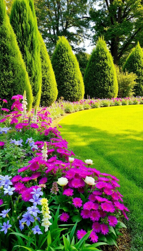 A lush, well-maintained garden border overflowing with vibrant blooms and verdant foliage. In the foreground, clusters of colorful perennials like delphiniums, peonies, and irises create a captivating tapestry of textures and hues. The middle ground features a carefully trimmed, precisely edged lawn, its emerald green blades neatly framing the border. Towering shrubs and small trees in the background provide a natural, sheltering backdrop, casting warm, dappled sunlight over the entire scene. The overall composition conveys a sense of balance, harmony, and the pride of a meticulously cared-for outdoor space. A lush, well-maintained garden border overflowing with vibrant blooms and verdant foliage. In the foreground, clusters of colorful perennials like delphiniums, peonies, and irises create a captivating tapestry of textures and hues. The middle ground features a carefully trimmed, precisely edged lawn, its emerald green blades neatly framing the border. Towering shrubs and small trees in the background provide a natural, sheltering backdrop, casting warm, dappled sunlight over the entire scene. The overall composition conveys a sense of balance, harmony, and the pride of a meticulously cared-for outdoor space.