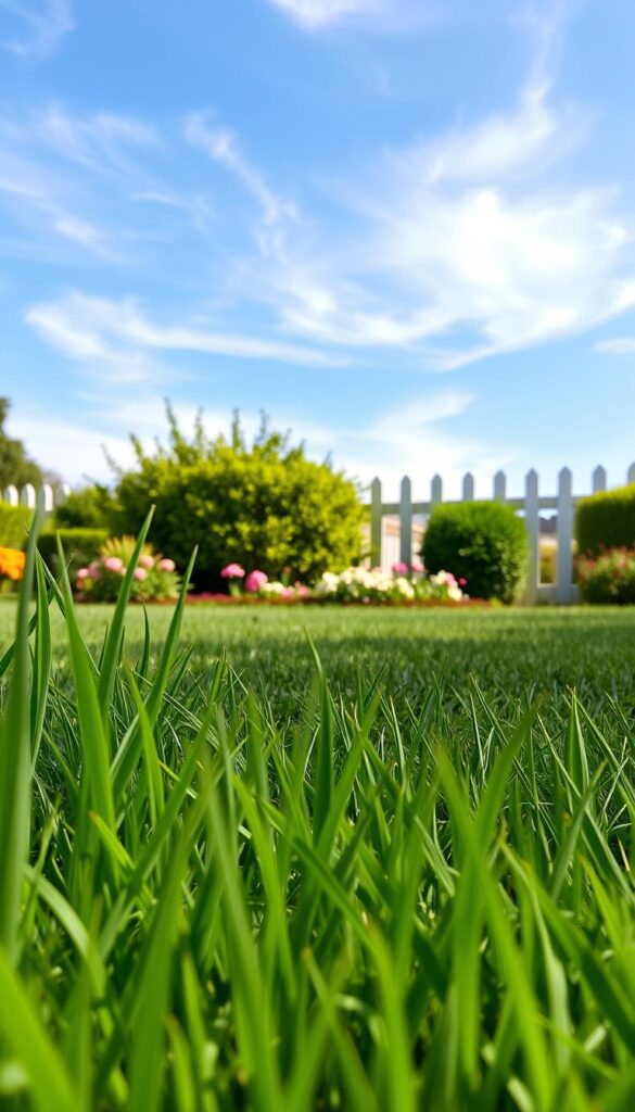 A lush, well-maintained lawn on a warm, sunny afternoon. In the foreground, blades of vibrant, healthy grass sway gently in a light breeze. The middle ground features a carefully manicured garden bed, with flowering plants and neatly trimmed hedges. In the background, a picket fence leads the eye towards a clear, blue sky dotted with wispy clouds. The scene conveys a sense of seasonal care and regional adaptation, with the grass and plants thriving in their optimal growing conditions. Soft, diffused lighting creates a pleasant, inviting atmosphere, while a wide-angle lens captures the full depth of the landscape.