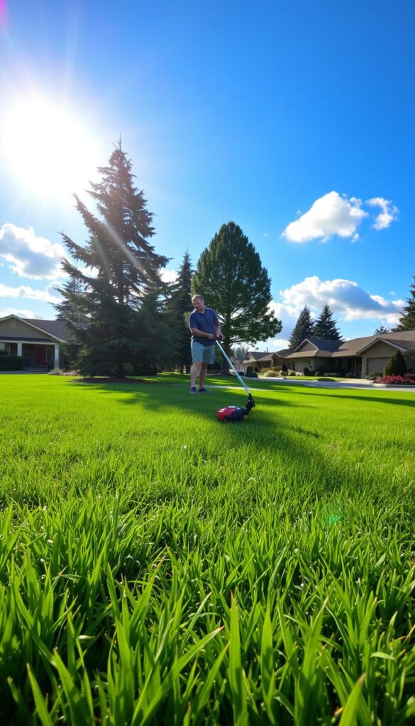 A lush, well-maintained lawn under a warm, golden afternoon sun. In the foreground, a freshly mowed and edged lawn, blades of grass gently swaying in a light breeze. In the middle ground, a person in casual attire using a hand-held grass trimmer to neaten the lawn's edges, creating crisp lines. In the background, a picturesque suburban setting with well-kept homes, tall trees, and a clear blue sky dotted with fluffy white clouds. The scene conveys a sense of pride, accomplishment, and the tranquility of a healthy, thriving lawn, ready for the next phase of its rejuvenation.