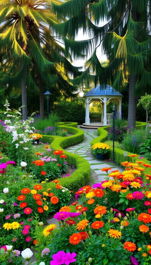 A lush, well-maintained summer garden in full bloom, with vibrant flowers and greenery arranged in a visually appealing layout. The foreground features a mix of colorful annuals, such as marigolds, petunias, and zinnias, complemented by perennial blooms like peonies, delphiniums, and dahlias. The middle ground showcases a variety of potted plants and a neatly trimmed hedge, framing a meandering stone path. In the background, a picturesque gazebo or trellis is visible, surrounded by tall, swaying trees that cast a warm, dappled light across the scene. The overall atmosphere is one of tranquility, with a sense of harmony and balance between the cultivated and natural elements. A lush, well-maintained summer garden in full bloom, with vibrant flowers and greenery arranged in a visually appealing layout. The foreground features a mix of colorful annuals, such as marigolds, petunias, and zinnias, complemented by perennial blooms like peonies, delphiniums, and dahlias. The middle ground showcases a variety of potted plants and a neatly trimmed hedge, framing a meandering stone path. In the background, a picturesque gazebo or trellis is visible, surrounded by tall, swaying trees that cast a warm, dappled light across the scene. The overall atmosphere is one of tranquility, with a sense of harmony and balance between the cultivated and natural elements.