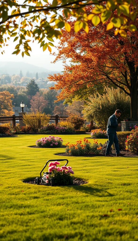 A lush, well-maintained yard in the midst of changing seasons. In the foreground, a homeowner tending to their lawn, carefully mowing and edging the neatly trimmed grass. In the middle ground, vibrant flowers bloom in garden beds, their petals dancing in a soft breeze. In the background, a picturesque landscape of trees in autumn foliage, their leaves casting a warm glow over the scene. Soft, diffused natural lighting illuminates the yard, creating a serene and inviting atmosphere. The overall image conveys the effortless beauty of seasonal yard care, where a few simple tasks keep the outdoor space thriving with minimal effort.