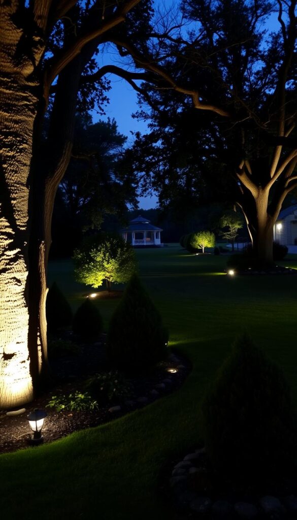 A lush, well-manicured garden at dusk, with a focus on the landscape lighting. In the foreground, several uplights gently illuminate the trunks and lower branches of mature oak trees, casting dramatic shadows and creating a serene, atmospheric ambiance. In the middle ground, spotlights accentuate the unique shapes and textures of sculptural evergreen shrubs, while floodlights wash over a rolling lawn, leading the eye towards a distant gazebo silhouetted against a dimly lit horizon. The lighting is warm and inviting, evoking a sense of tranquility and natural beauty. The scene is captured with a wide-angle lens, allowing the viewer to take in the entire landscape and appreciate the thoughtful placement and interplay of the various lighting elements. A lush, well-manicured garden at dusk, with a focus on the landscape lighting. In the foreground, several uplights gently illuminate the trunks and lower branches of mature oak trees, casting dramatic shadows and creating a serene, atmospheric ambiance. In the middle ground, spotlights accentuate the unique shapes and textures of sculptural evergreen shrubs, while floodlights wash over a rolling lawn, leading the eye towards a distant gazebo silhouetted against a dimly lit horizon. The lighting is warm and inviting, evoking a sense of tranquility and natural beauty. The scene is captured with a wide-angle lens, allowing the viewer to take in the entire landscape and appreciate the thoughtful placement and interplay of the various lighting elements.