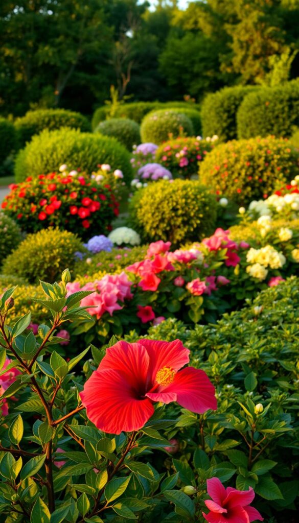 A lush, well-manicured garden at golden hour, showcasing a variety of flowering shrub groups in different stages of growth. The foreground features a close-up view of a hibiscus plant, its vibrant red blooms gently swaying in a soft breeze. The middle ground presents a diverse assortment of shrubs, including azaleas, hydrangeas, and rhododendrons, each with their distinctive foliage and flowers. In the background, a verdant backdrop of trees and shrubs creates a sense of depth and natural setting. The lighting is warm and diffused, casting a gentle glow over the scene, highlighting the delicate textures and vibrant colors of the plants. The overall mood is one of tranquility and horticultural harmony, inviting the viewer to explore the nuanced timing of pruning and maintenance for each shrub group. A lush, well-manicured garden at golden hour, showcasing a variety of flowering shrub groups in different stages of growth. The foreground features a close-up view of a hibiscus plant, its vibrant red blooms gently swaying in a soft breeze. The middle ground presents a diverse assortment of shrubs, including azaleas, hydrangeas, and rhododendrons, each with their distinctive foliage and flowers. In the background, a verdant backdrop of trees and shrubs creates a sense of depth and natural setting. The lighting is warm and diffused, casting a gentle glow over the scene, highlighting the delicate textures and vibrant colors of the plants. The overall mood is one of tranquility and horticultural harmony, inviting the viewer to explore the nuanced timing of pruning and maintenance for each shrub group.