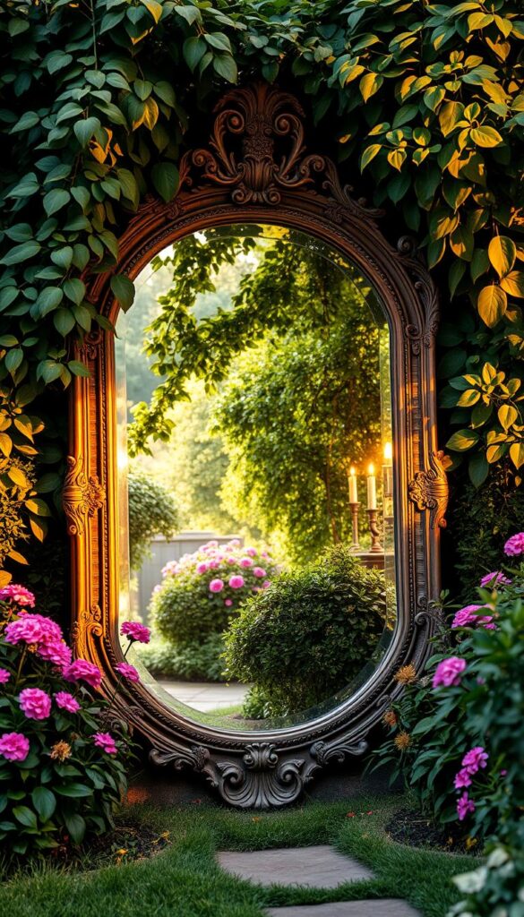 A lush, well-manicured garden with a large, ornate garden mirror strategically placed to reflect the vibrant greenery, colorful blooms, and serene atmosphere. The mirror is positioned at a slight angle, creating the illusion of depth and expanding the perceived size of the space. Warm, diffused natural lighting filters through the surrounding foliage, casting a warm, inviting glow on the mirror's surface. The mirror's intricate, vintage-inspired frame complements the organic, earthy tones of the garden, seamlessly blending the indoor and outdoor elements. This striking composition draws the viewer's eye, creating a visually captivating and spatially expansive scene that exemplifies the best placement strategies for using mirrors to make outdoor spaces appear larger. A lush, well-manicured garden with a large, ornate garden mirror strategically placed to reflect the vibrant greenery, colorful blooms, and serene atmosphere. The mirror is positioned at a slight angle, creating the illusion of depth and expanding the perceived size of the space. Warm, diffused natural lighting filters through the surrounding foliage, casting a warm, inviting glow on the mirror's surface. The mirror's intricate, vintage-inspired frame complements the organic, earthy tones of the garden, seamlessly blending the indoor and outdoor elements. This striking composition draws the viewer's eye, creating a visually captivating and spatially expansive scene that exemplifies the best placement strategies for using mirrors to make outdoor spaces appear larger.