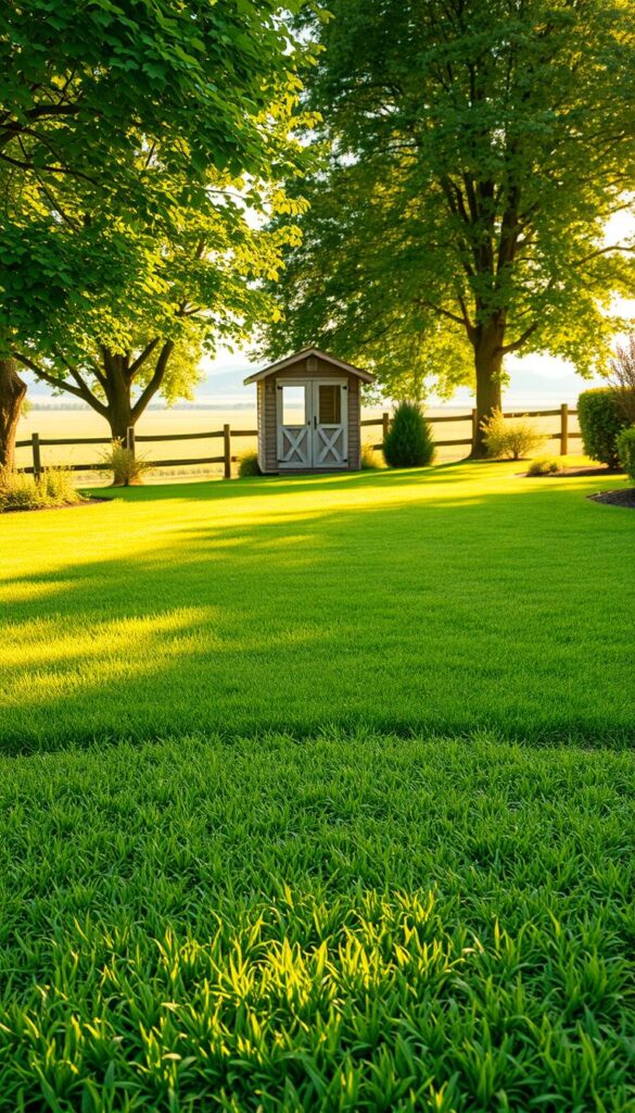 A lush, well-manicured lawn in the aftercare stage, bathed in soft, golden sunlight that filters through a canopy of verdant trees. In the foreground, a freshly seeded patch blends seamlessly with the established grass, showcasing the results of meticulous leveling and soil preparation. The middle ground features a gardener's tool shed, its weathered wood and earthy tones complementing the natural surroundings. In the distance, a picturesque fence frames the scene, guiding the viewer's eye towards a serene, horizon-spanning vista. The overall atmosphere exudes a sense of tranquility, reflecting the care and attention invested in maintaining a healthy, vibrant lawn. A lush, well-manicured lawn in the aftercare stage, bathed in soft, golden sunlight that filters through a canopy of verdant trees. In the foreground, a freshly seeded patch blends seamlessly with the established grass, showcasing the results of meticulous leveling and soil preparation. The middle ground features a gardener's tool shed, its weathered wood and earthy tones complementing the natural surroundings. In the distance, a picturesque fence frames the scene, guiding the viewer's eye towards a serene, horizon-spanning vista. The overall atmosphere exudes a sense of tranquility, reflecting the care and attention invested in maintaining a healthy, vibrant lawn.