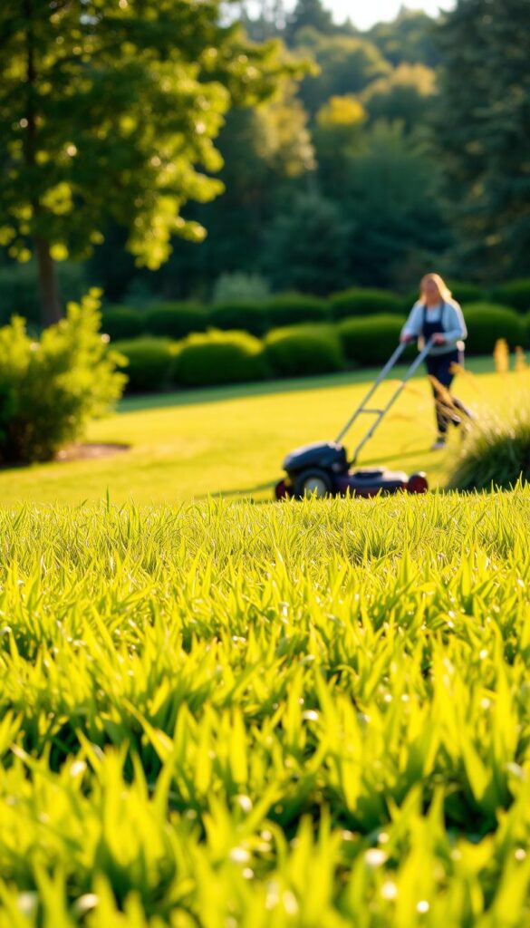 A lush, well-manicured lawn in the foreground, its blades of grass glistening in the warm, golden sunlight. In the middle ground, a gardener diligently mowing the lawn, their attention focused on maintaining an even, uniform height. In the background, a verdant landscape of trees and shrubs, creating a tranquil, peaceful atmosphere. The image conveys the importance of seasonal grass care, with the gardener's actions highlighting the effort required to keep the grass thriving and healthy throughout the changing seasons. A lush, well-manicured lawn in the foreground, its blades of grass glistening in the warm, golden sunlight. In the middle ground, a gardener diligently mowing the lawn, their attention focused on maintaining an even, uniform height. In the background, a verdant landscape of trees and shrubs, creating a tranquil, peaceful atmosphere. The image conveys the importance of seasonal grass care, with the gardener's actions highlighting the effort required to keep the grass thriving and healthy throughout the changing seasons.